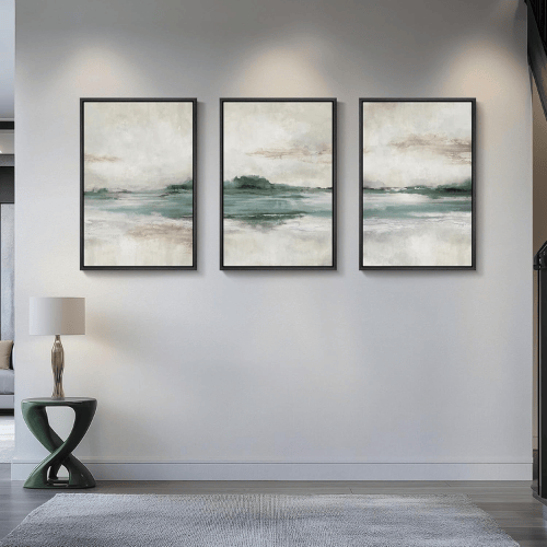 Modern Misty Lake 3-Piece Framed Set – Soft Blue & Green Watercolor Abstract