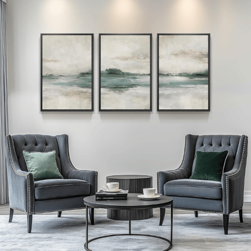 Modern Misty Lake 3-Piece Framed Set – Soft Blue & Green Watercolor Abstract