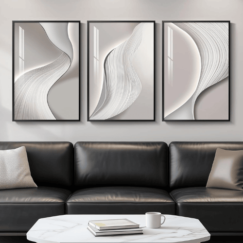 Modern Silver-Gray 3-Piece Framed Set – Crystal Porcelain High-Gloss Abstract