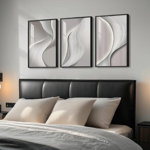 Modern Silver-Gray 3-Piece Framed Set – Crystal Porcelain High-Gloss Abstract
