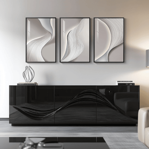 Modern Silver-Gray 3-Piece Framed Set – Crystal Porcelain High-Gloss Abstract