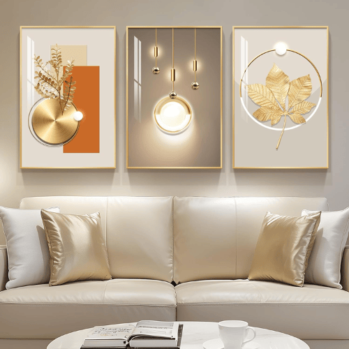 Modern Golden Essence 3-Piece Framed Set – Crystal Porcelain High-Gloss Abstract