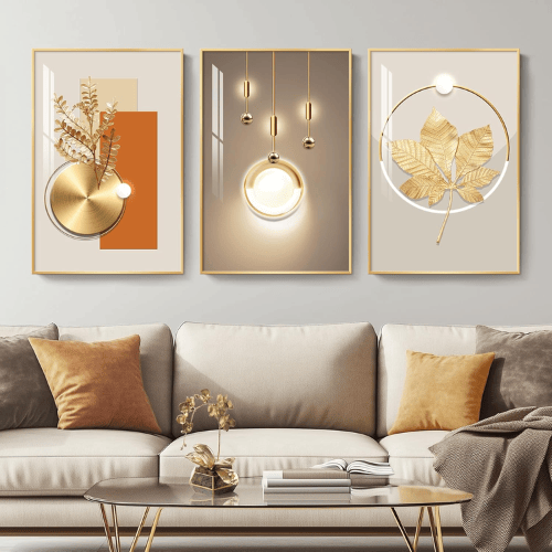 Modern Golden Essence 3-Piece Framed Set – Crystal Porcelain High-Gloss Abstract
