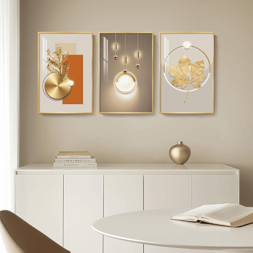 Modern Golden Essence 3-Piece Framed Set – Crystal Porcelain High-Gloss Abstract