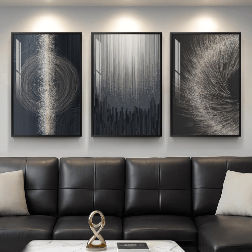 Modern Black & Silver "Celestial Motion" 3-Piece Set – Crystal Porcelain High-Gloss Abstract