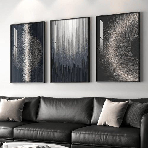 Modern Black & Silver "Celestial Motion" 3-Piece Set – Crystal Porcelain High-Gloss Abstract