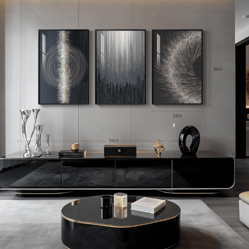 Modern Black & Silver "Celestial Motion" 3-Piece Set – Crystal Porcelain High-Gloss Abstract