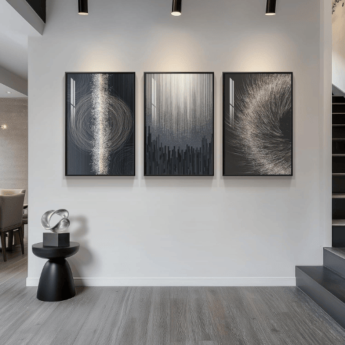 Modern Black & Silver "Celestial Motion" 3-Piece Set – Crystal Porcelain High-Gloss Abstract