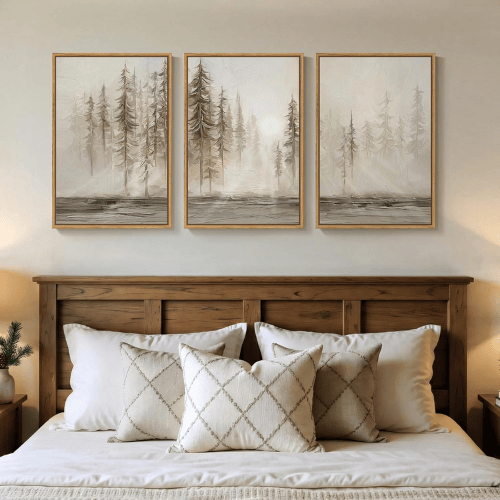 Modern Misty Pine Forest 3-Piece Framed Set – Emerald Watercolor Landscape