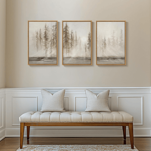 Modern Misty Pine Forest 3-Piece Framed Set – Emerald Watercolor Landscape