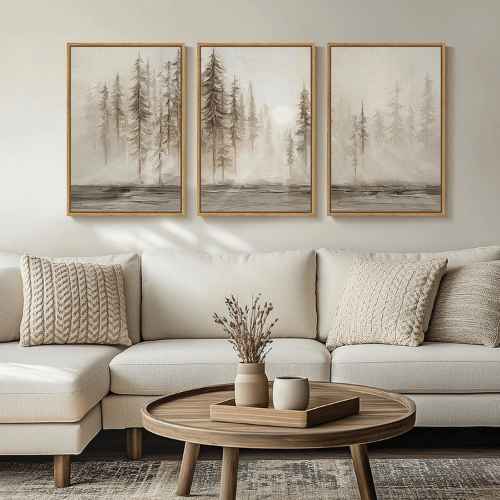 Modern Misty Pine Forest 3-Piece Framed Set – Emerald Watercolor Landscape