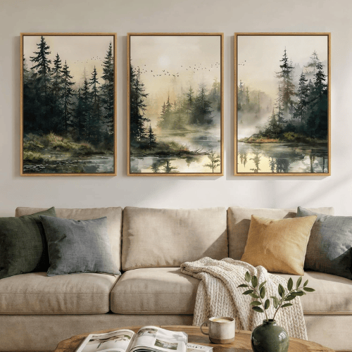 Modern Misty Pine Forest 3-Piece Framed Set – Emerald Watercolor Landscape