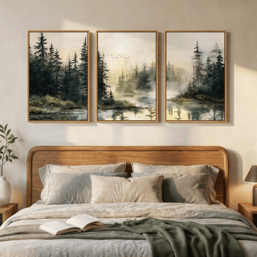 Modern Misty Pine Forest 3-Piece Framed Set – Emerald Watercolor Landscape