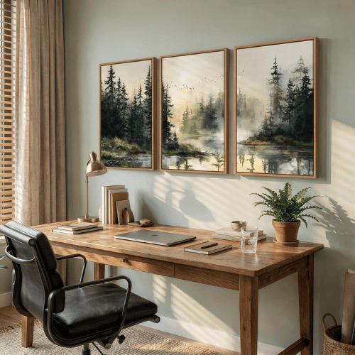 Modern Misty Pine Forest 3-Piece Framed Set – Emerald Watercolor Landscape