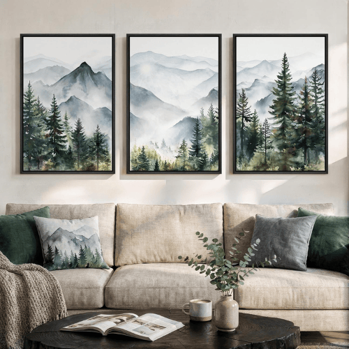 Modern Misty Pine Forest 3-Piece Framed Set – Emerald Watercolor Landscape