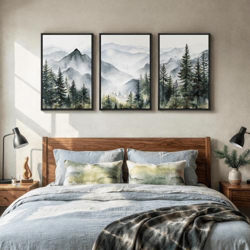 Modern Misty Pine Forest 3-Piece Framed Set – Emerald Watercolor Landscape