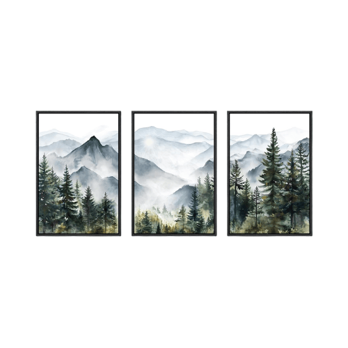 Modern Misty Pine Forest 3-Piece Framed Set – Emerald Watercolor Landscape