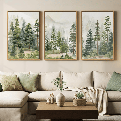 Modern Misty Pine Forest 3-Piece Framed Set – Emerald Watercolor Landscape