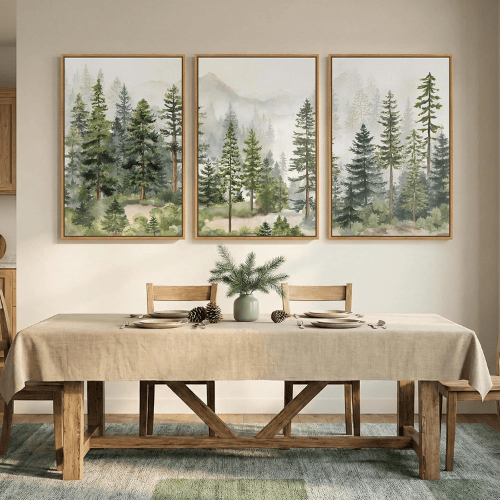 Modern Misty Pine Forest 3-Piece Framed Set – Emerald Watercolor Landscape