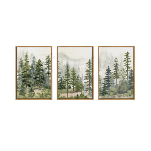 Modern Misty Pine Forest 3-Piece Framed Set – Emerald Watercolor Landscape