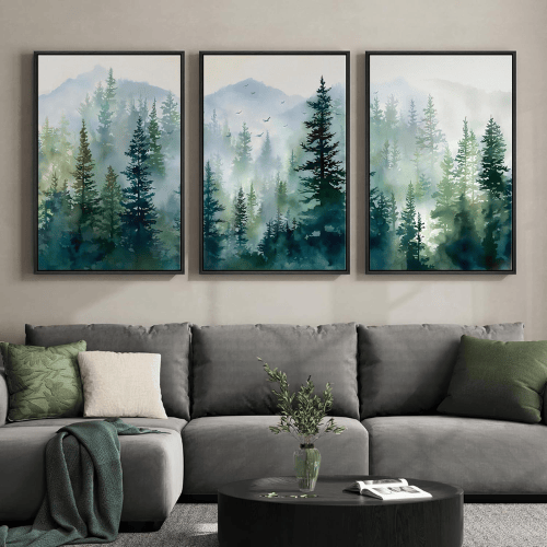 Modern Misty Pine Forest 3-Piece Framed Set – Emerald Watercolor Landscape