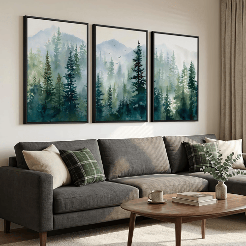 Modern Misty Pine Forest 3-Piece Framed Set – Emerald Watercolor Landscape