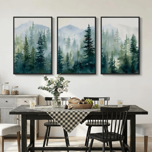 Modern Misty Pine Forest 3-Piece Framed Set – Emerald Watercolor Landscape