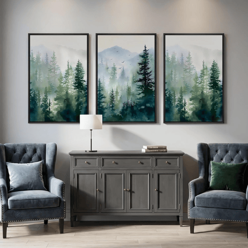 Modern Misty Pine Forest 3-Piece Framed Set – Emerald Watercolor Landscape