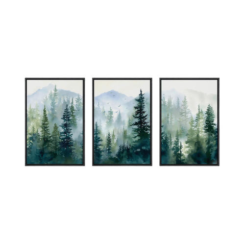 Modern Misty Pine Forest 3-Piece Framed Set – Emerald Watercolor Landscape