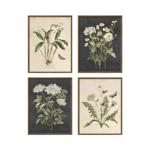 Vintage Botanical 4-Piece Framed Set – Rustic Farmhouse Floral & Butterfly Canvas