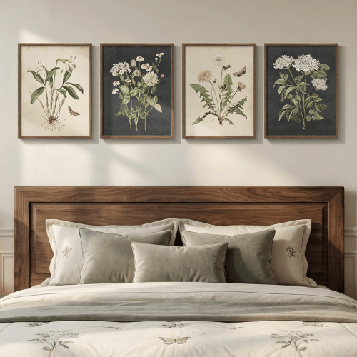 Vintage Botanical 4-Piece Framed Set – Rustic Farmhouse Floral & Butterfly Canvas