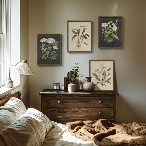 Vintage Botanical 4-Piece Framed Set – Rustic Farmhouse Floral & Butterfly Canvas