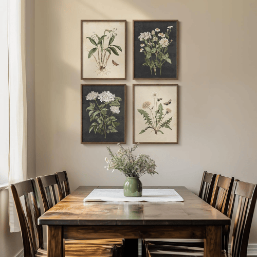 Vintage Botanical 4-Piece Framed Set – Rustic Farmhouse Floral & Butterfly Canvas