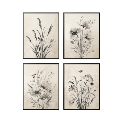 Vintage Monochrome Botanical 4-Piece Set – Black & White Floral Canvas Prints