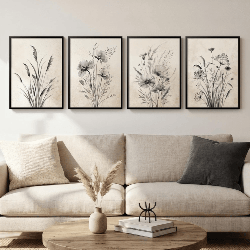 Vintage Monochrome Botanical 4-Piece Set – Black & White Floral Canvas Prints