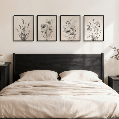 Vintage Monochrome Botanical 4-Piece Set – Black & White Floral Canvas Prints