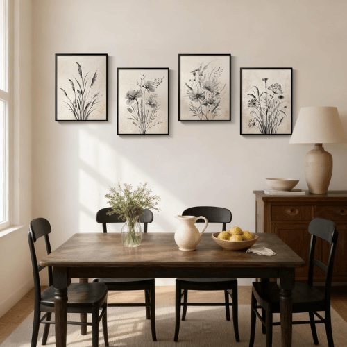 Vintage Monochrome Botanical 4-Piece Set – Black & White Floral Canvas Prints