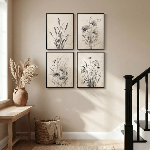 Vintage Monochrome Botanical 4-Piece Set – Black & White Floral Canvas Prints