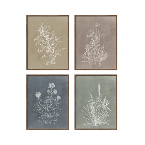 Vintage Boho Botanical 4-Piece Set – Rustic Line Art Floral Canvas