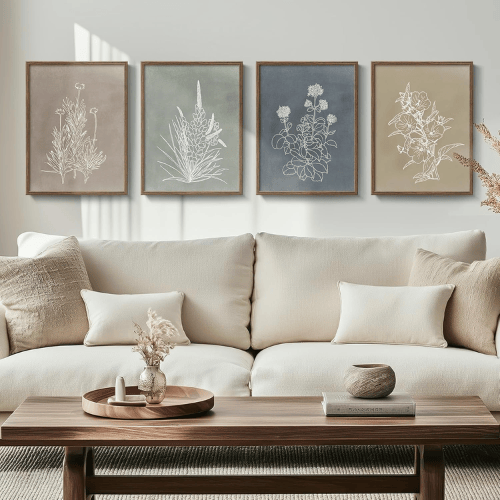 Vintage Boho Botanical 4-Piece Set – Rustic Line Art Floral Canvas