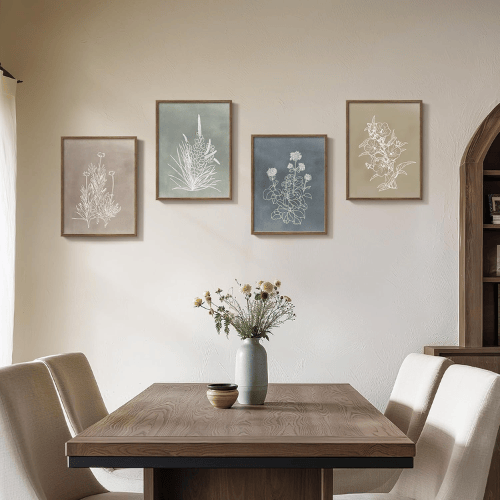 Vintage Boho Botanical 4-Piece Set – Rustic Line Art Floral Canvas