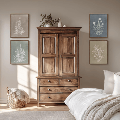 Vintage Boho Botanical 4-Piece Set – Rustic Line Art Floral Canvas