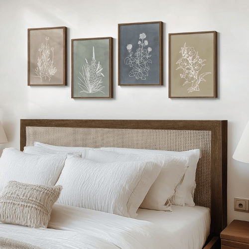 Vintage Boho Botanical 4-Piece Set – Rustic Line Art Floral Canvas