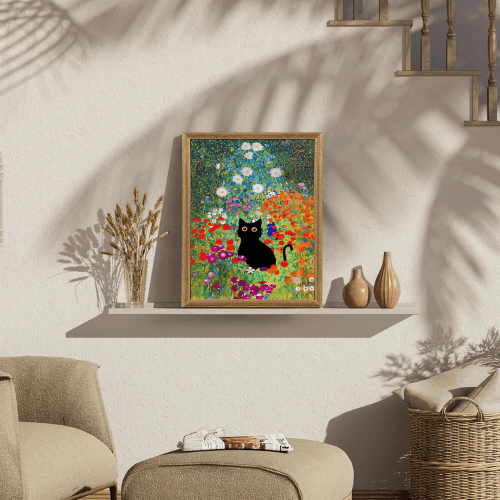 Monet’s "Water Lilies with Black Cat" – Premium Framed Vintage Canvas