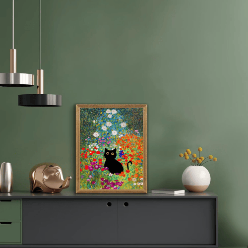 Monet’s "Water Lilies with Black Cat" – Premium Framed Vintage Canvas