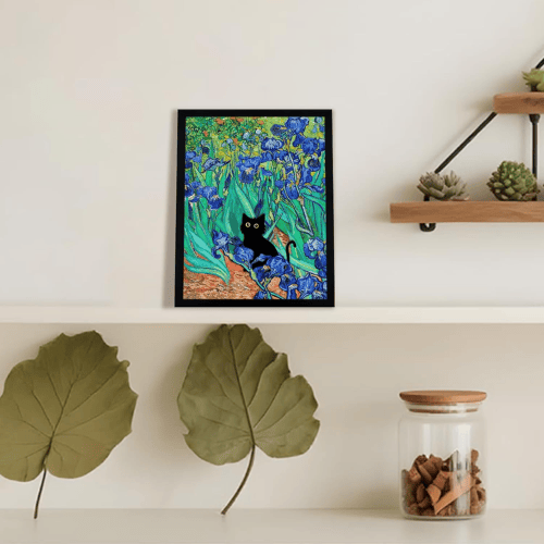 Monet’s "Water Lilies with Black Cat" – Premium Framed Vintage Canvas
