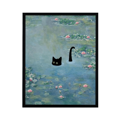 Monet’s "Water Lilies with Black Cat" – Premium Framed Vintage Canvas