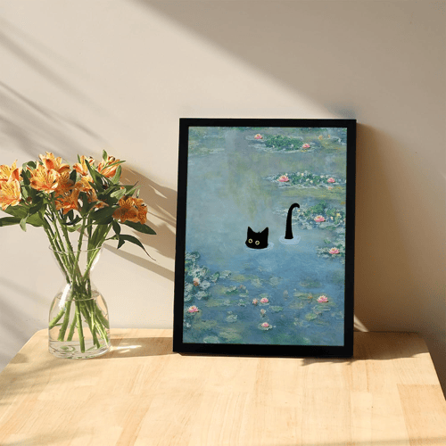 Monet’s "Water Lilies with Black Cat" – Premium Framed Vintage Canvas