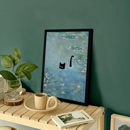 Monet’s "Water Lilies with Black Cat" – Premium Framed Vintage Canvas