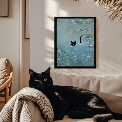Monet’s "Water Lilies with Black Cat" – Premium Framed Vintage Canvas